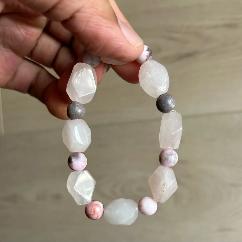 Handmade Faceted Rose Quartz and Rhodonite Beaded Stretch Bracelet, 6-6.5
